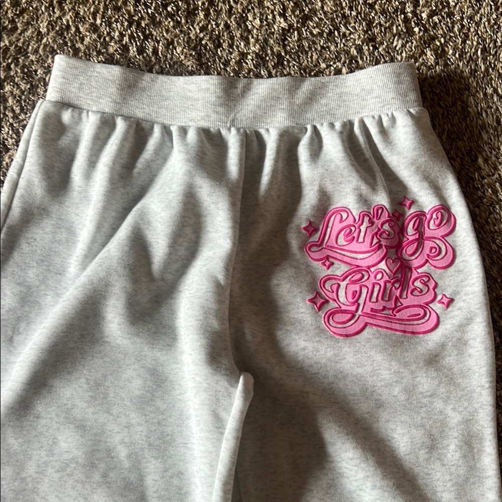 Gray and Pink Joggers with Elastic Waistband and Graphic Design